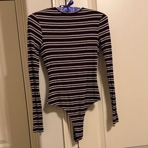 Striped Long Sleeve Bodysuit - Black, burgundy & White